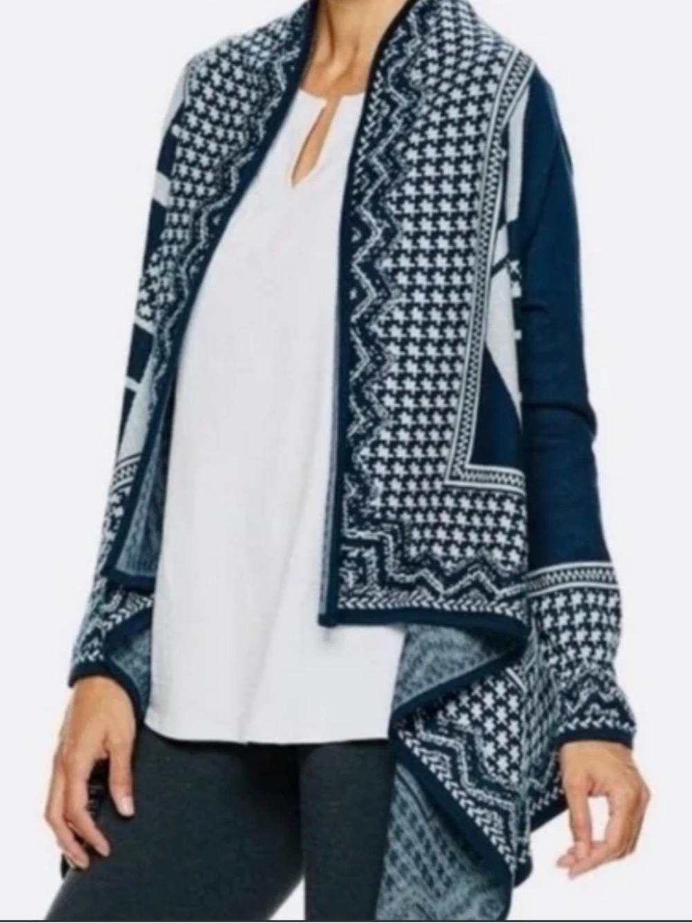 Dana Buchman Navy Blue and White Patterned Draped Waterfall Cardigan